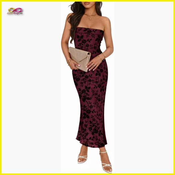 Floral Jacquard Mesh Strapless Maxi Dress Bodycon Slit Cocktail Party Elegant Floral Jacquard Mesh Strapless Maxi Dress Bodycon Slit Cocktail Party Elegant